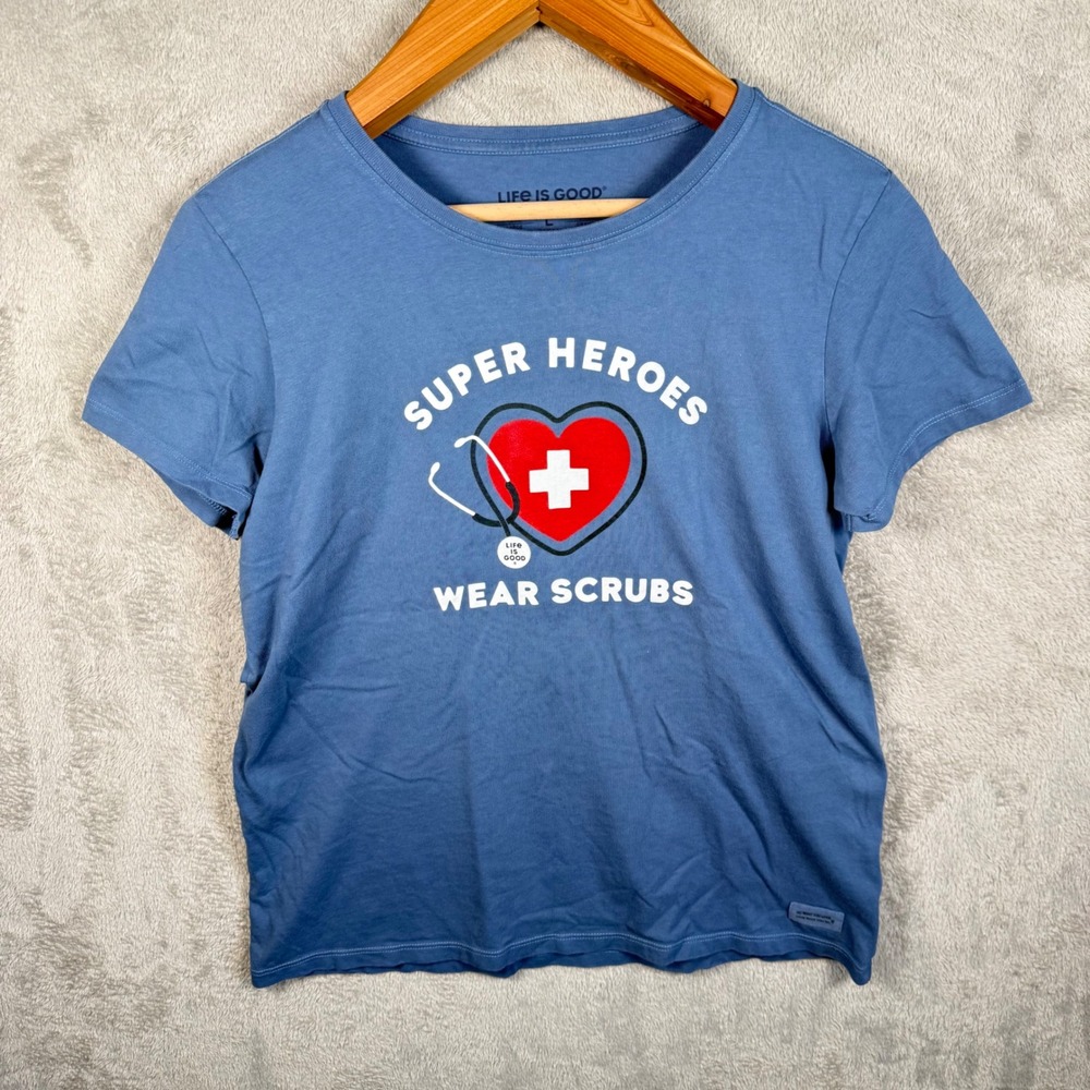 Life is Good Crusher Tee Women L Blue Super Heroes Wear Scrubs Nurse T-Shirt